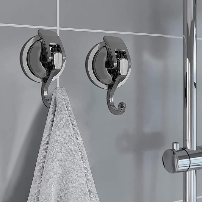 Heavy Duty Vacuum Suction Shower Hooks - Glass Suction Cup Hooks, Bathroom Robe Hooks, Reusable, No Hole Punched, for Garland Decoration (Silver Grey, 4 Pack)