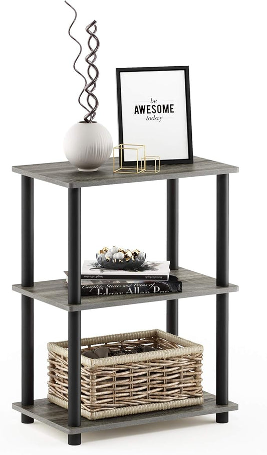 Furinno Turn-N-Tube No Tool 3-Tier Storage Shelf, Narrow, French Oak Grey/Black-NeatNest