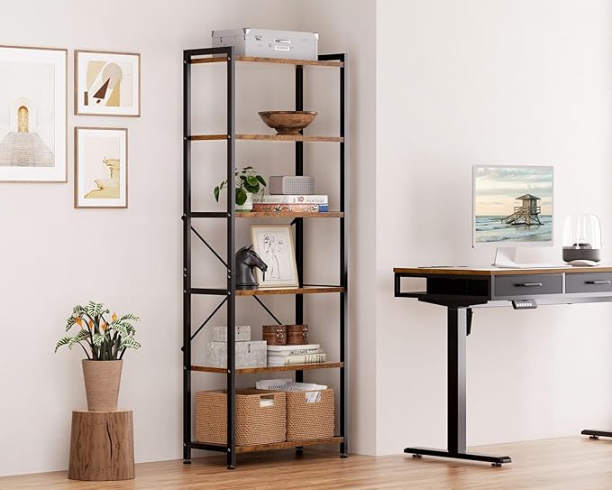 Casaottima Book Shelf, 6 Tier Tall Bookshelf, Modern Wood Bookcase Shelves for Bedroom, Industrial Display Shelf for Living Room Home Office Kitchen, Standing Shelving Unit Storage Organizer, Vintage-NeatNest
