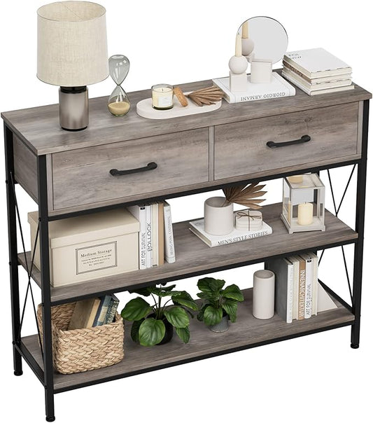 HITHOS Industrial Console Table with Drawers, Vintage Hallway Foyer Table with Storage Shelves, Narrow Long Sofa Entryway Table for Living Room, Grey-NeatNest