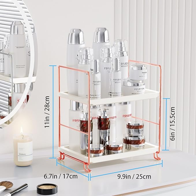 FSyueyun 2-Tier Bathroom Countertop Organizer, Tool-Less Installation Premium Plastics Makeup Shelf Organizer Perfume Skincare for Dresser Vanity Tray Organizers and Storage (Rose Gold)-NeatNest