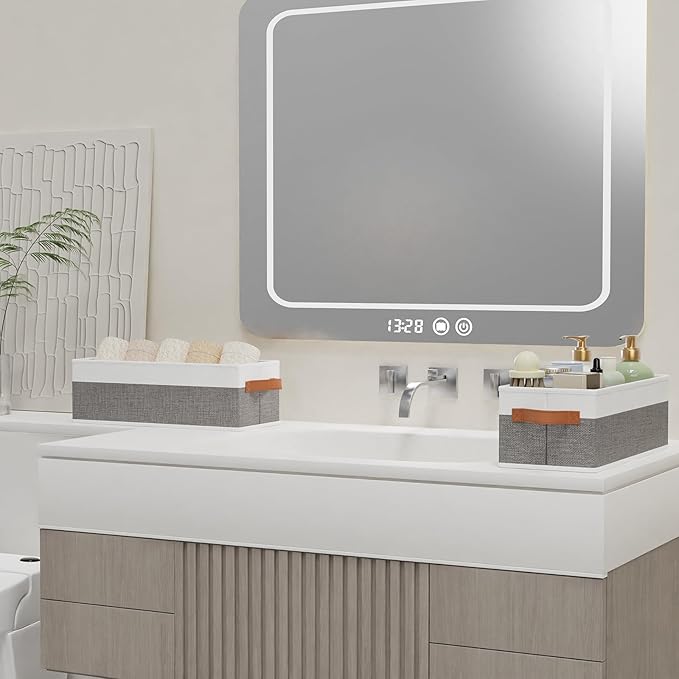 Collapsible Storage Bins 3-Pack, Foldable Baskets for Organizing, Clothes Boxes with Handles, Fabric Cubes Containers, White and Gray, 15 x 6 x 5 Inch-NeatNest