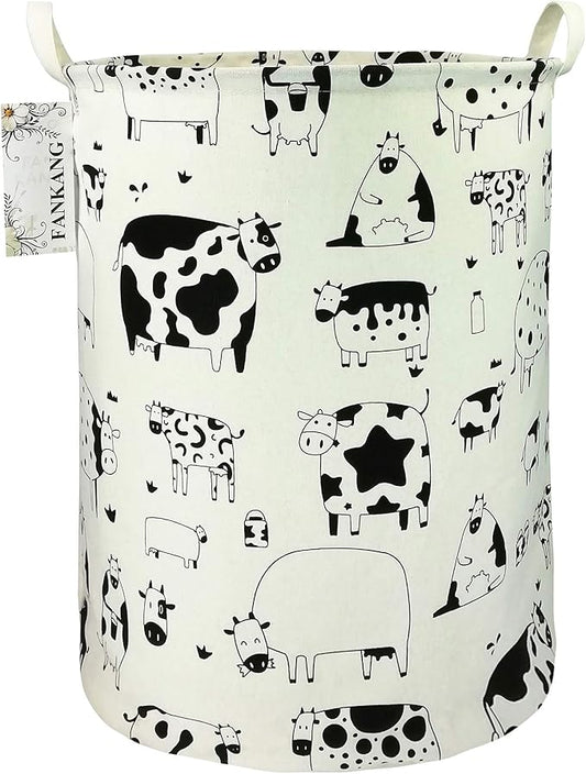 FANKANG Storage Basket, Nursery Hamper Canvas Laundry Basket Foldable with Waterproof PE Coating Large Storage Baskets for Kids Boys and Girls, Office, Bedroom, Clothes,Toys（Cows）