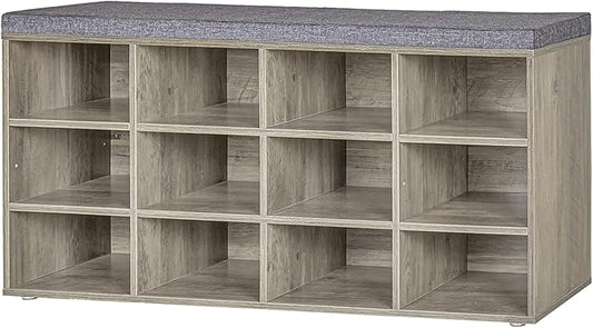 DINZI LVJ Shoe Bench, 12 Cubbies Shoe Organizer for Entryway, Storage Bench with Cushion, Cubby Shoe Rack with Adjustable Shelves for Living Room, Bedroom, Mudroom, Hallway, Gray Wash-NeatNest