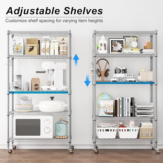 Homdox 5 Tier Adjustable Rolling Storage Shelves, Heavy Duty Wire Racks and Shelving, Metal Shelves for with Side Hooks Pantry Closet Kitchen Garage Organization, Silver Gray-NeatNest