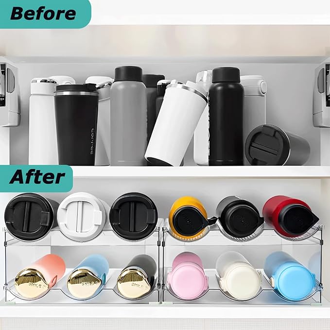 INKLET 4-Pack Clear Stackable Water Bottle Organizer Rack – 4 Tier Large Compartment Storage for Stanley, Cup Organizer Tumblers – Kitchen Cabinet & Pantry Organizer – Holds 16 Bottles-NeatNest