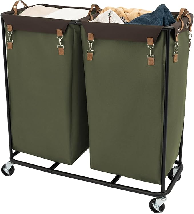 StorageWorks 390L Extra Large Lanudry Hamper with Wheels, 2 Sections Laundry Basket with Wheels, Clothes Sorter Cart with Divider for Hotel, Home, Green, 37.75"L x 17"W x 37.5"H