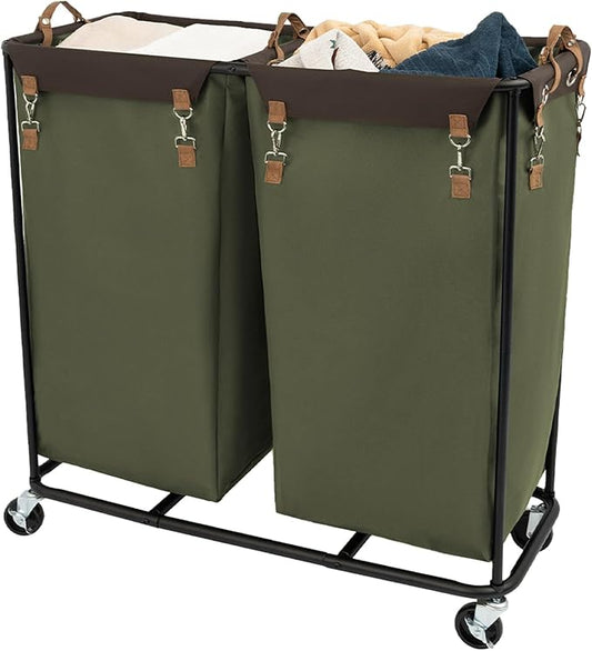 StorageWorks 390L Extra Large Lanudry Hamper with Wheels, 2 Sections Laundry Basket with Wheels, Clothes Sorter Cart with Divider for Hotel, Home, Green, 37.75"L x 17"W x 37.5"H