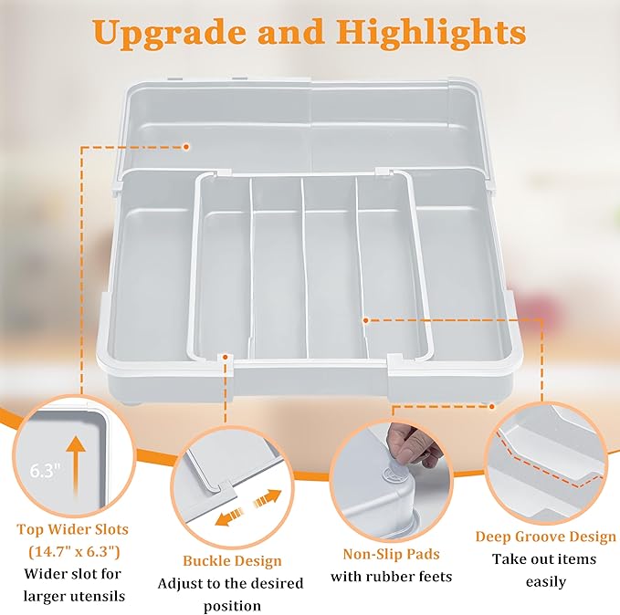 Homecor Kitchen Drawer Organizer, Expandable Silverware Drawer Organizer, Adjustable Utensil Organizer Tray, Cutlery Organizer for Forks, Knives, Kitchen Organizers and Storage, Grey-NeatNest