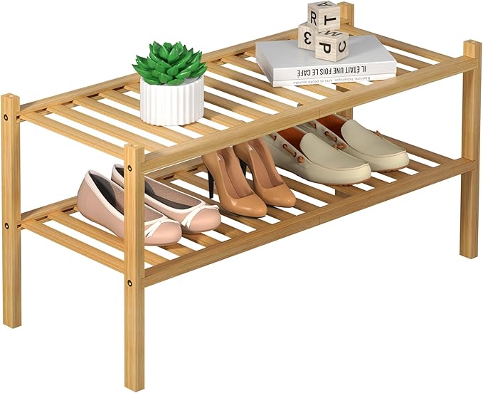 2 Tier Bamboo Shoe Rack for Closet Free Standing Wood Shoe Shelf for Entryway Small Space Stackable 27"x11"x13" (Natural)-NeatNest