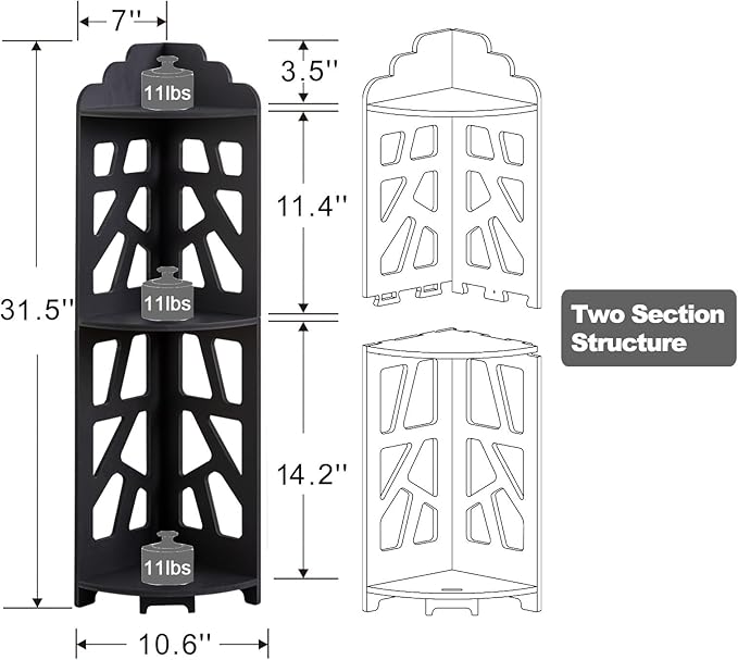 Corner Shelves,Corner Shelf Stand Waterproof Great for Bathroom Storage Tight Space,Small Shelf Stand Fit for Toilet Paper Holder Storage, Corner Tables for Small Space,Black-NeatNest