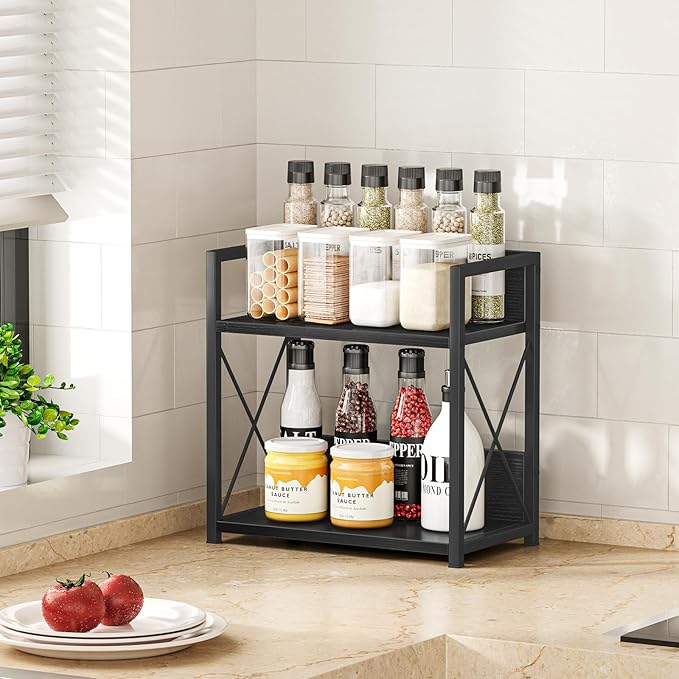 Giikin Countertop Organizer, 2 Tier Coffee Station Organizer for Desktop, Wood Counter Shelf Spice Rack for Kitchen (Black, M)-NeatNest