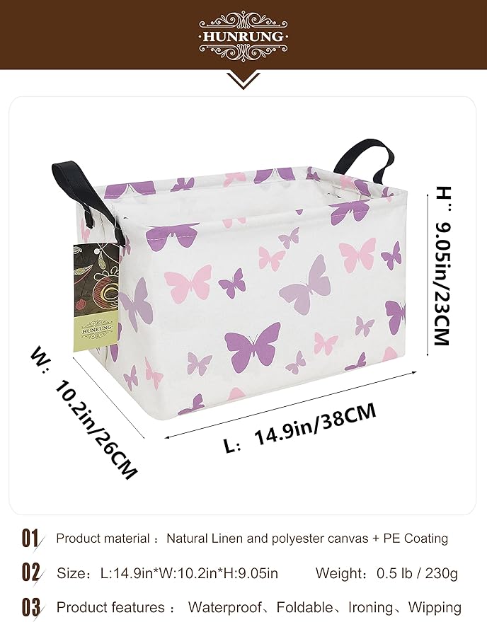 HUNRUNG Rectangle Storage Basket Cute Canvas Organizer Bin for Pet/Children Toys, Books, Clothes Perfect for Rooms/Playroom(Rec-Butterfly)