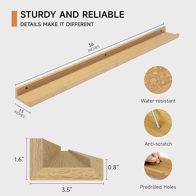 Fun Memories Picture Ledge Shelf, 36 Inch Floating Shelves Set of 2, Nursery Book Shelves for Toys Storage, Kids Bookshelf Wall Mounted for Wall Decor Books Photo Frames, Oak-NeatNest