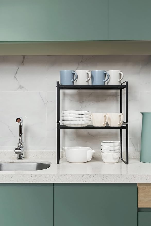 2Pack Kitchen Cabinet Shelf Counter Organizer Rack Pantry Storage Bathroom Bedroom Office Table Desk Space Saving Stackable Rust Resistant Non Slip Black Tall Wide L16.1in W10.6in H9.5in-NeatNest