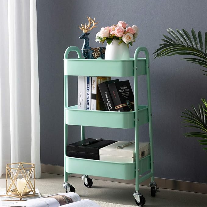 AGTEK Makeup Cart, Movable Rolling Organizer Cart, Macaron Blue 3 Tier Metal Utility Cart-NeatNest