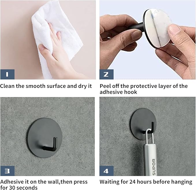 Adhesive Hooks Heavy Duty Waterproof in Shower Hooks for Hanging Loofah, Towels, Clothes, Robes for Bathroom Removable Adhesive Wall Hooks Door Hook Stainless Steel Black Stick on Hooks 4 Pcs