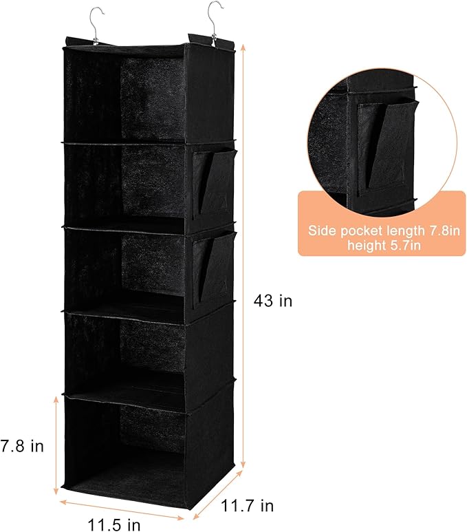 BOOMIBOO Hanging Closet Organize and Shelves，5-Hanging Shelf with 2 Side Pockets，Storage Foldable （Black）-NeatNest