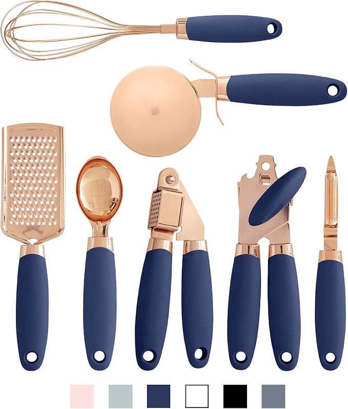 COOK WITH COLOR Kitchen Gadget Set Copper Plated Stainless Steel Utensils with Soft Touch Handles, Copper Navy, 7 Pieces-NeatNest