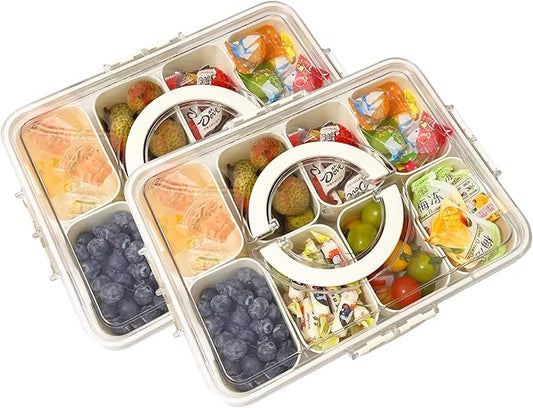 JOSUCLEN 2 Divided Serving Tray with Lid, Charcuterie Snack Box Container Portable, Fruit Storage Containers for Fridge, Travel Charcuterie Board with Lid
