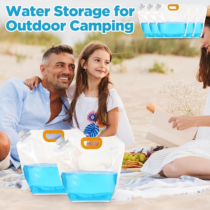 16 Pcs Collapsible Water Emergency Container Bag, 1.3 Gallon Storage Bags, Freezable, BPA Free Food Grade Clear Plastic Water Carrier Tank, Foldable Storage Bottle for Camping Riding