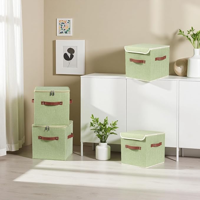 2PCS Storage Cubes with Lid Fabric Storage Bins Boxes PU Leather Handles Cotton Linen Closet Organizer Container Decorative Foldable Washable Shelf Cloth Basket (Zipper Lid, Green, 11in)-NeatNest