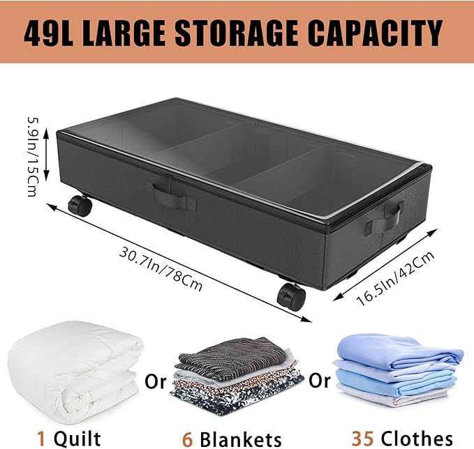 2 Pack Under Bed Storage Rolling Metal Frame Underbed Containers with Wheels Lid Visiable Window Storage Bag Box Organizer Home Closet Organization Drawer Bins for Clothes Shoes Toys Blanketss Black-NeatNest
