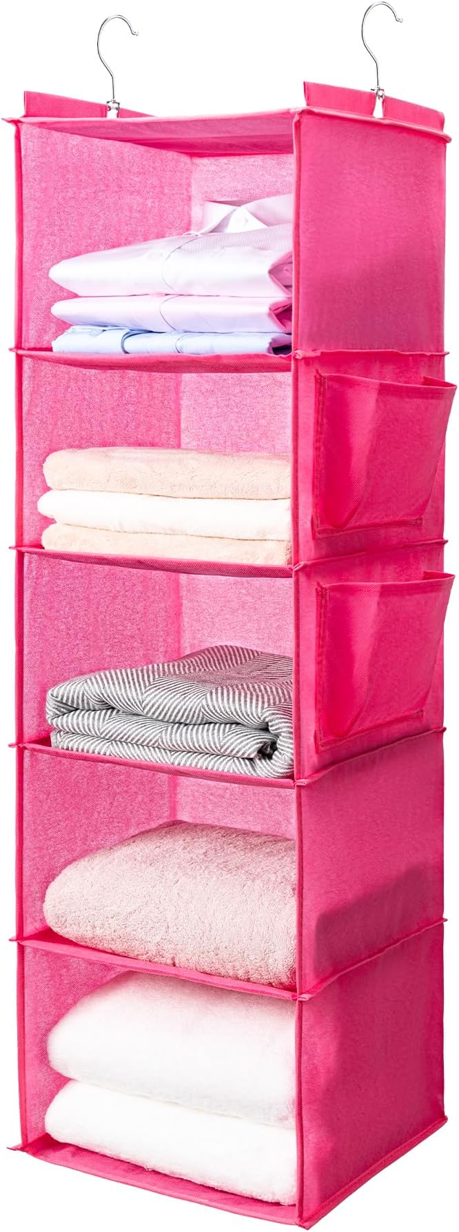 BOOMIBOO Hanging Closet Organize and Shelves，5-Hanging Shelf with 2 Side Pockets，Storage Foldable （Pink）-NeatNest