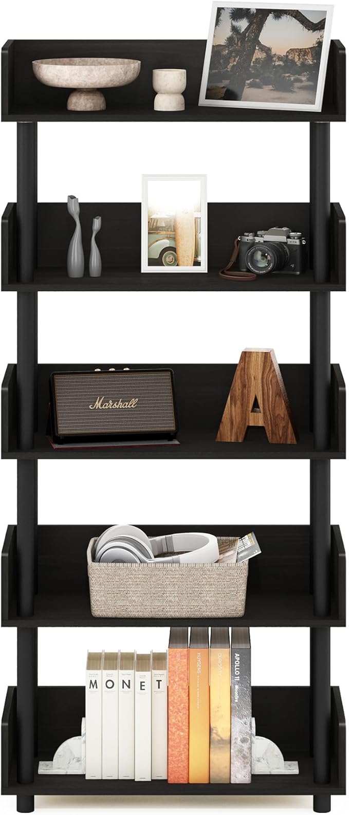 Furinno Turn-N-Tube 5-Tier Multipurposes Display Rack, Open Shelf Rack/Storage with Back & Side Panel, Espresso-NeatNest