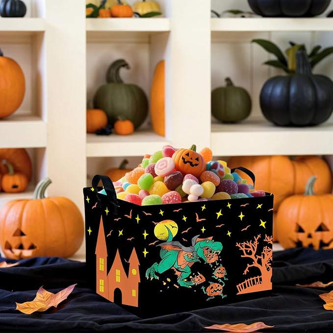 Halloween Basket Gift Cute Pumpkin Ghost Parties Decor Kid Trick or Treat Basket for Boys and Girls Rectangular Storage Bin Box (Dinosaur)-NeatNest