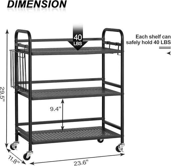 HDANI 3 Tier Metal Mesh Utility Cart,Large Capacity Multipurpose Heavy Vehicle,Rolling Trolley with to Hooks and One Basket(Black)