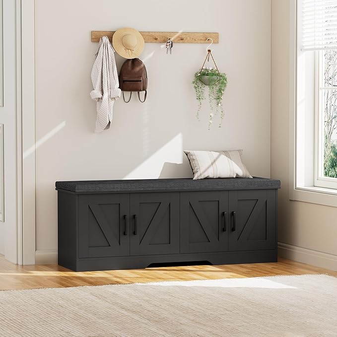 2-Tier Storage Bench, Shoe Bench with Padded Seat Cushion, Entryway Bench with 4 Barn Doors, Adjustable Shelf, 13.8" D x 47.2" W x 17.7" H, for Entryway, Living Room, Bedroom, Black-NeatNest