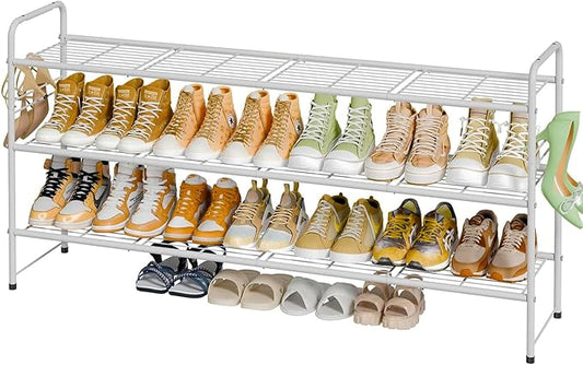 3 Tier Shoe Rack for Closet, 46.5 Inch Extra Long Shoe Storage Organizer for Shelves, Heavy Duty Metal, Easy Assembly, White-NeatNest