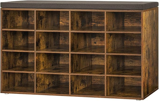 DINZI LVJ Shoe Storage Bench with Cushion, 16-Cubby Shoe Rack, Adjustable Shelves, Multifunctional Shoe Organizer Bench for Entryway, Mudroom, Hallway, Living Room, Bedroom and Garage, Rustic Brown-NeatNest
