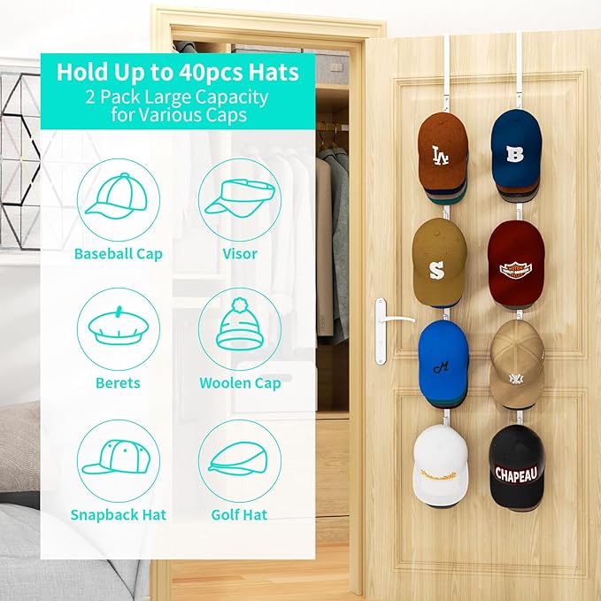 HapiRm Over Door Hat Rack - 2 Packs Hat Organizer with 8 Hooks Design, Hanging Baseball Cap Organizer Storage Holds Up to 40 Caps for Door, Bedroom, Closet (White)-NeatNest