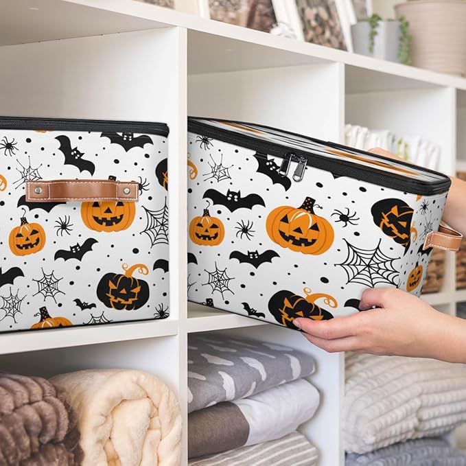 Halloween Pumpkin Storage Bins with Lids, Spiders Bat Fabric Storage Boxes with Zipper, Collapsible Decorative Closet Organizer Cube for Clothes,Organizing, Shelves-NeatNest