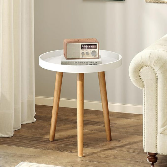 Giantex Round Side Table, End Table with Wooden Tray, Sturdy Tripod Stand & Premium Metal Connectors, Round Sofa Side Table for Living Room, Office, Bedroom Nightstand, White (1)
