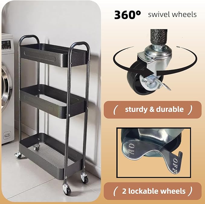 3 Tier Slim Metal Rolling Storage Cart for Laundry Room Storage & Kitchen Organizer, 7.1'' Wide Thin Shelf for Narrow Spaces, Rolling Cart with Wheels & Lockable Casters for Bathroom, Black