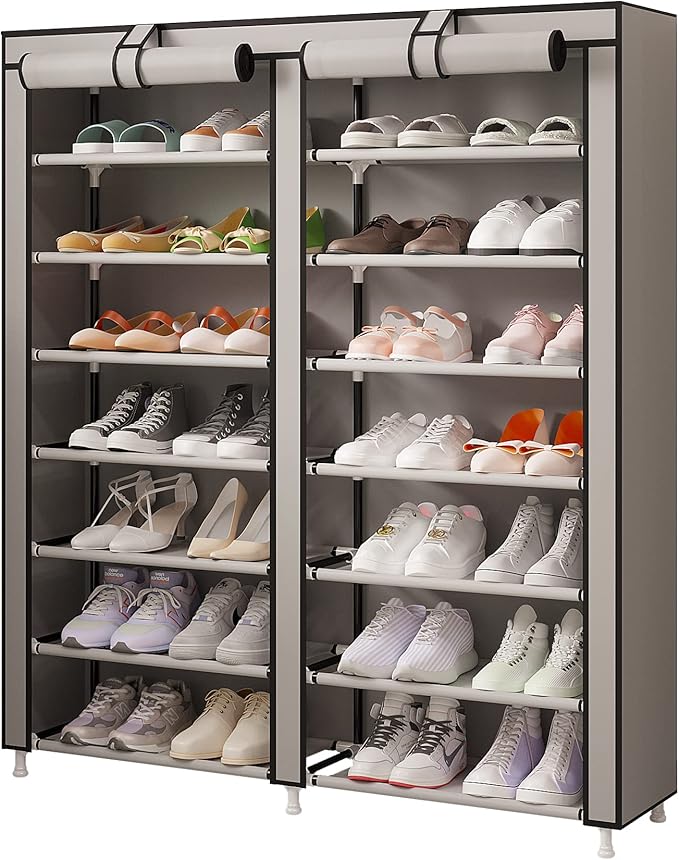 MOYIPIN Shoe Rack Storage Organizer, Double Row Portable Nonwoven Fabric Cover Shoe Rack Holds up to 28 Pairs 36.2 x 11.2 x49.2 Inches Grey-NeatNest