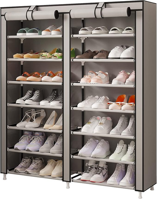 MOYIPIN Shoe Rack Storage Organizer, Double Row Portable Nonwoven Fabric Cover Shoe Rack Holds up to 28 Pairs 36.2 x 11.2 x49.2 Inches Grey-NeatNest