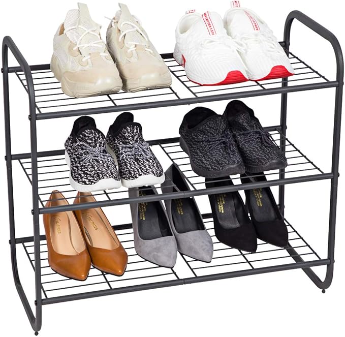 MAX Houser 3-Tier Metal Shoe Rack, Free Standing Shoe Storage Organizer, Wire Grid Shoe Tower for Closet Bedroom, Entryway, Gunmetal-NeatNest