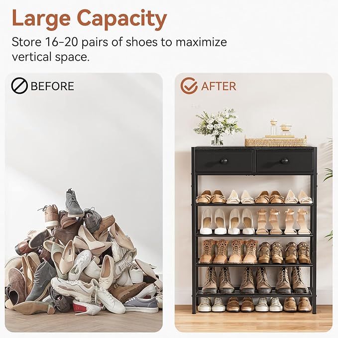 Shoe Rack for Entryway, 5 Tier Shoe Organizer with 2 Non-Woven Drawers, Metal Storage Shoe Shelf for 16-20 Pairs of Shoes, with Wooden Top and Steel Frame, Shoe Stand for Closet Charcoal-NeatNest