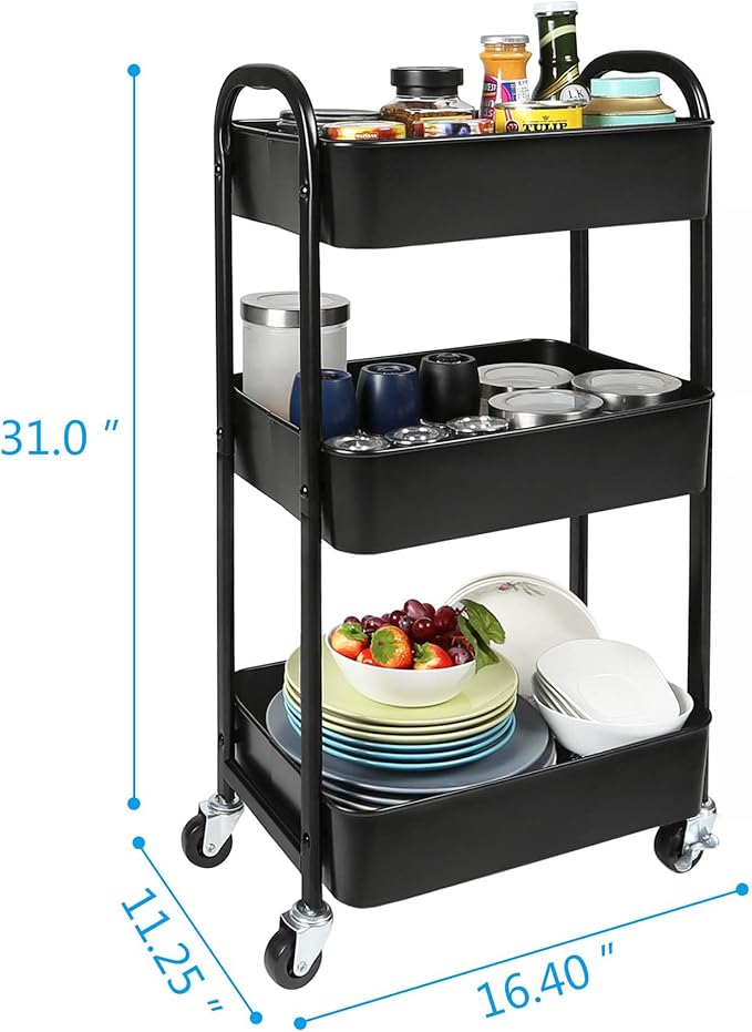 3-Tier Rolling Utility Cart with Caster Wheels,Easy Assembly, for Kitchen, Bathroom (Black)-NeatNest