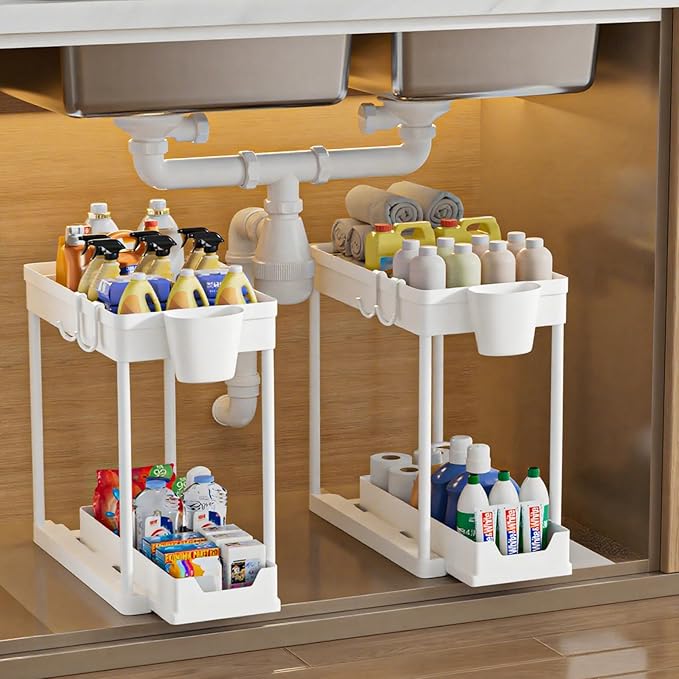 2 Pack Under Sink Organizer, 2 Tier Bathroom Organizers and Storage, Cabinet Organizer with Hook, Multi-Purpose Under Sink Organizers and Storage for Bathroom & Kitchen, Bedroom (White)-NeatNest