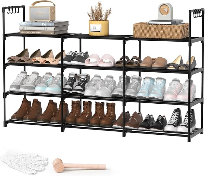 3-Row 4-Tier Shoe Rack, Black Metal Stackable Shoe Shelf with Multifunctional Hooks, Hold 24-30 Pairs, Space Saving Shoes Organizer for Closet,Show Rack-NeatNest