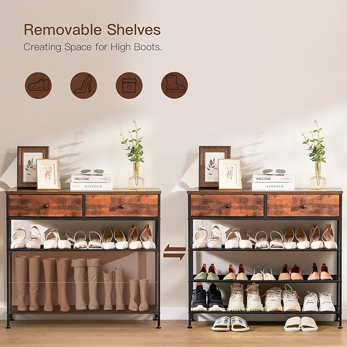 usikey Shoe Rack, 4 Tier Shoe Storage Organizer with 2 Drawers, Metal Shoe Shelf for 12-15 Pairs of Shoes, with 3 Fabric Shelves and Wooden Top, Shoe Stand for Closet Entryway, Rustic Brown-NeatNest