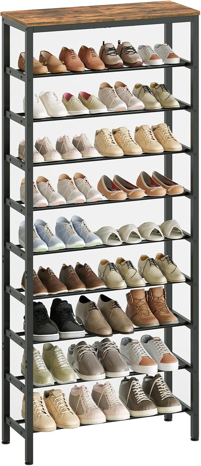 10 Tier Tall Shoe Rack, Large-Capacity Shoe Storage Organizer, Free Standing Shoe Shelf for Closet, Adjustable Metal Shoe Racks Organizer for 40 Pairs of Shoes, Rustic Brown and Black SS70BR-NeatNest