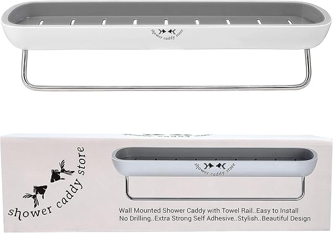 Shower Caddy Multipack (2) - Wall Mounted - with Towel Bar - Extra Strong Self Adhesive - No Drilling - Easy Drainage - Stylish and Space Saving - Rustproof (White/Gray)