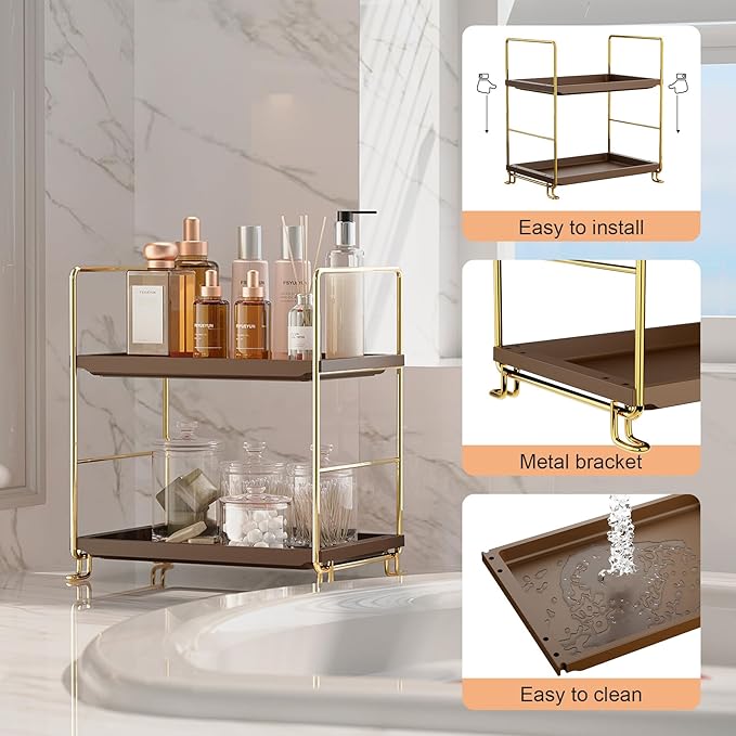 FSyueyun 2-Tier Bathroom Countertop Organizer,Bathroom Organizers and Storage with Tool-Less Installation, Premium Plastics for Makeup, Perfume, Skincare on Dresser Vanity Tray (Gold & Brown)-NeatNest