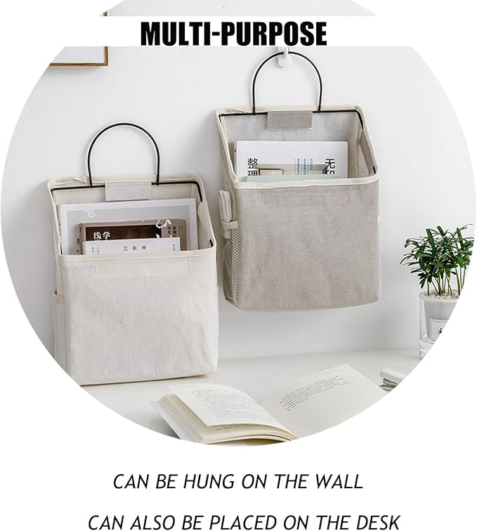 2 Pcs Wall-Hanging Storage Bags, Desktop Organizer Basket Cotton Linen Hanging Storage Basket for Kitchen,Bderoom,Living Room